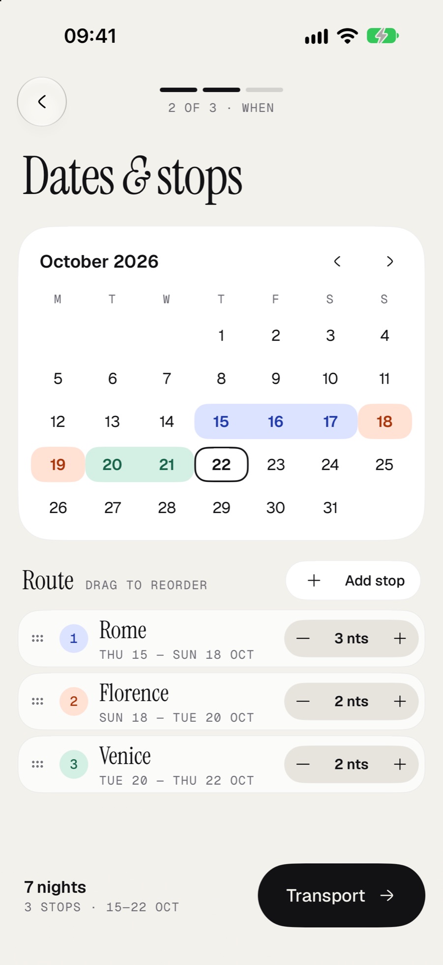 Dates and stops: an October calendar with Rome, Florence and Venice coloured from the 15th to the 22nd, and the route with nights per stop.
