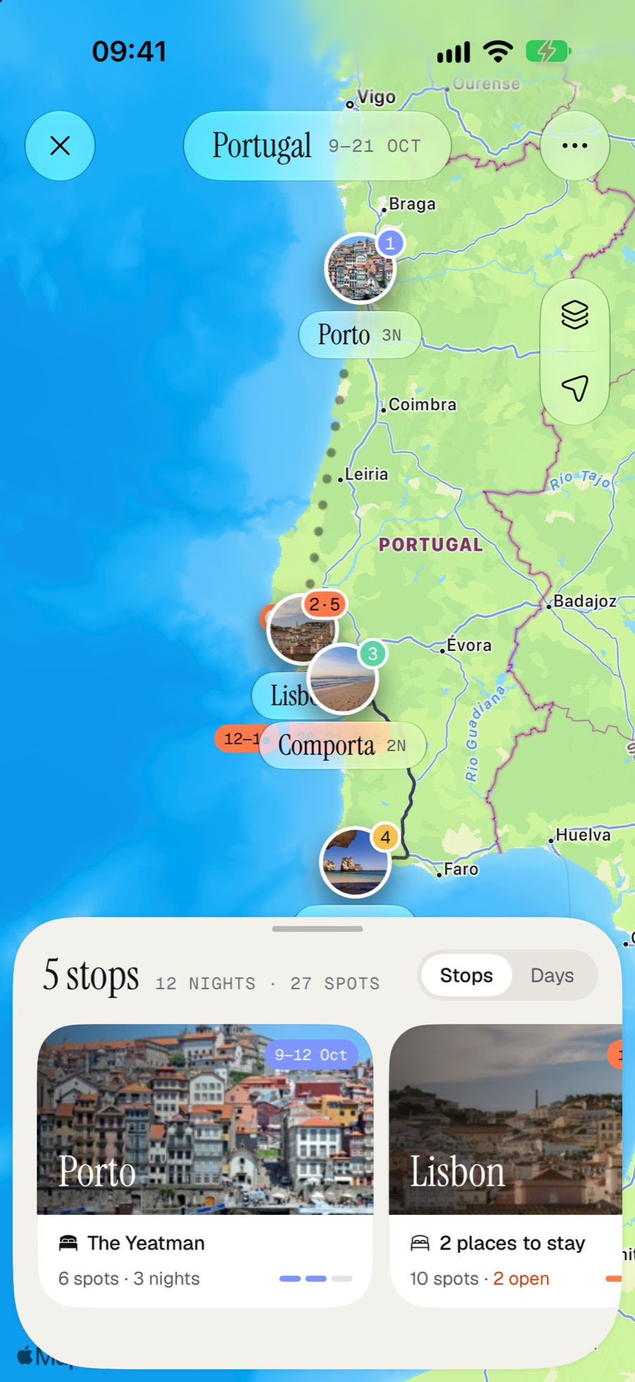 The trip map of Portugal with numbered photo pins for Porto, Lisbon, Comporta and Lagos, a route line between them and stop cards below.