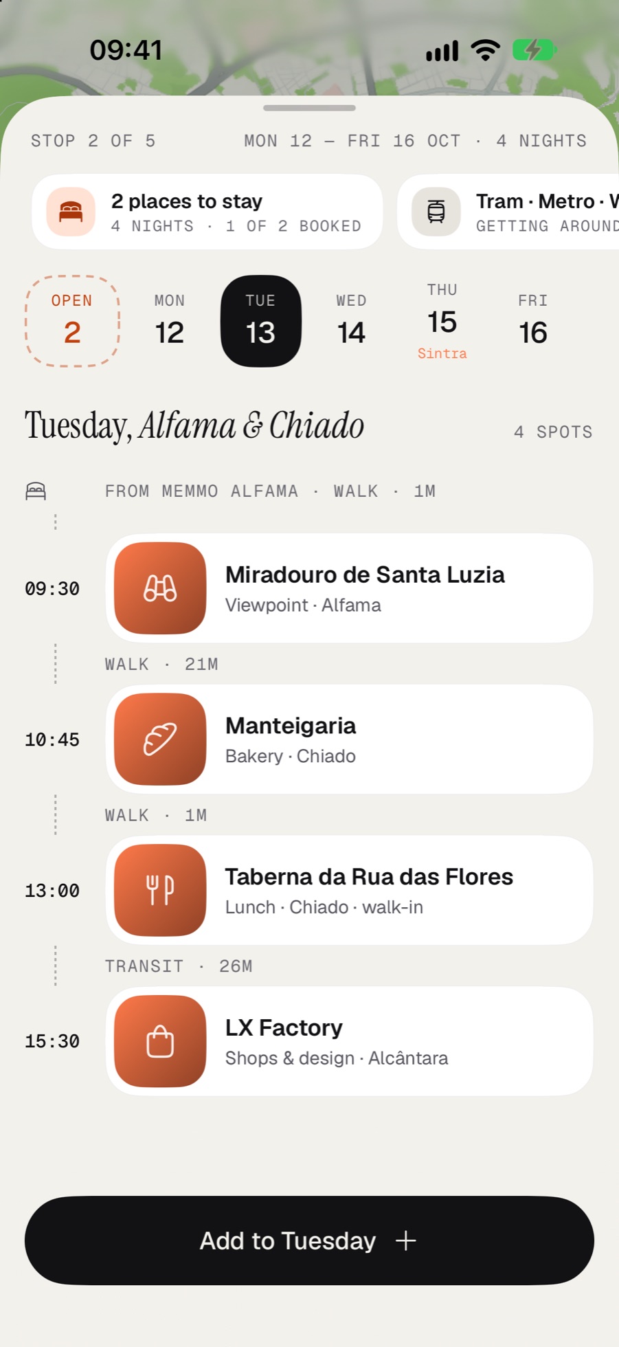 Lisbon's city plan for Tuesday: Miradouro de Santa Luzia at 9:30, Manteigaria at 10:45, Taberna da Rua das Flores at 13:00, with walking times between them.