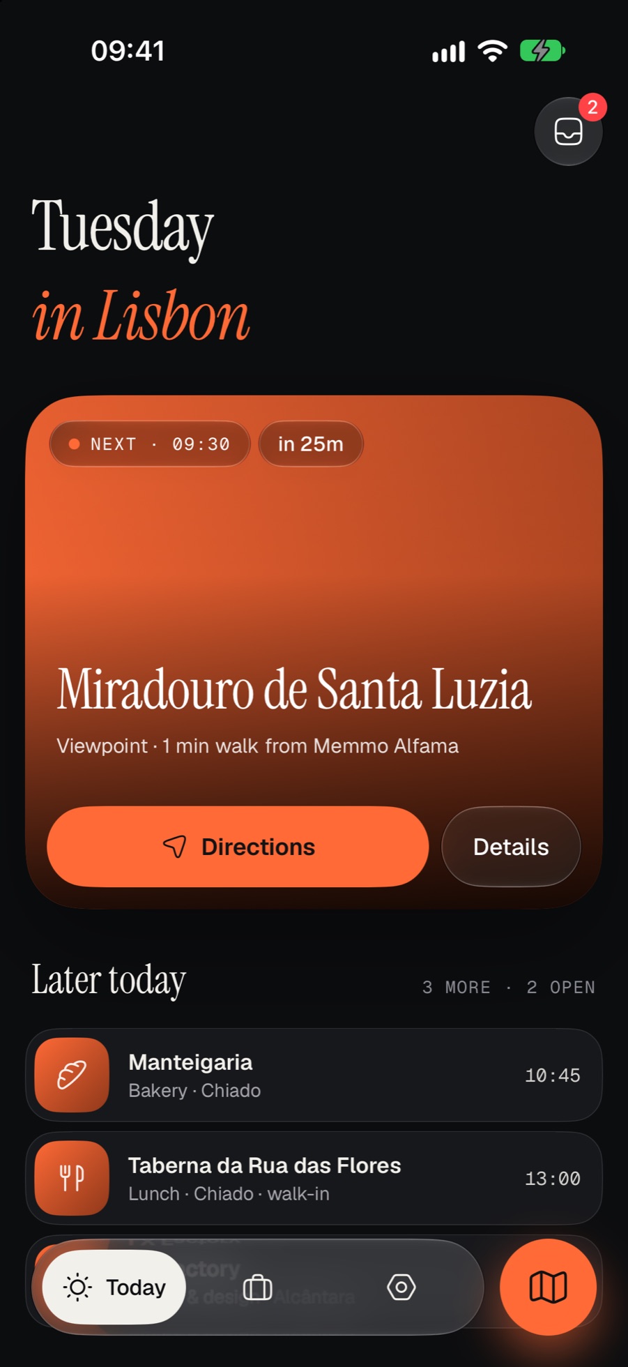 Today: Tuesday in Lisbon, next Miradouro de Santa Luzia at 9:30 in 25 minutes with a Directions button, and later today Manteigaria and Taberna da Rua das Flores.