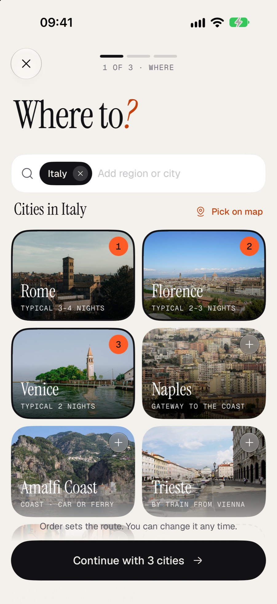The Where step: Italy chosen, with city tiles for Rome, Florence and Venice numbered 1 to 3 in route order.